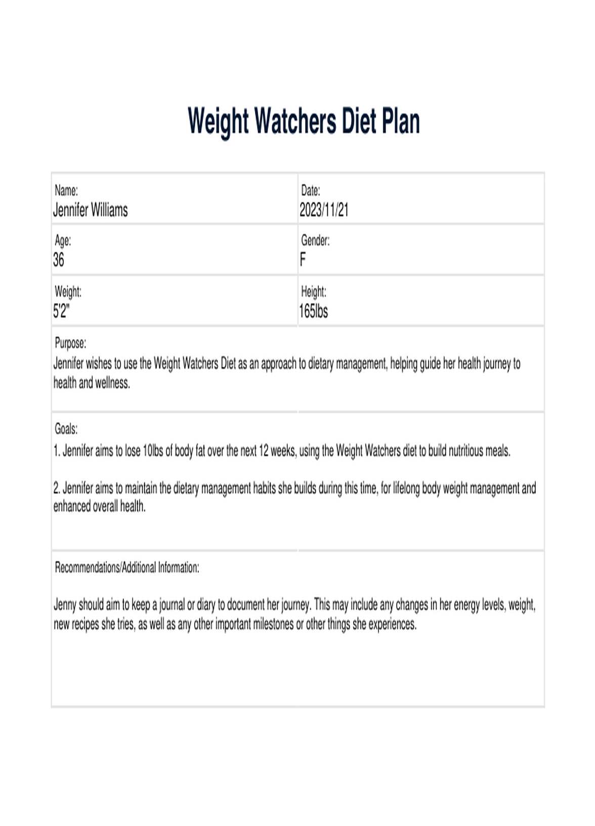 Weight Watchers Diet PDF Example