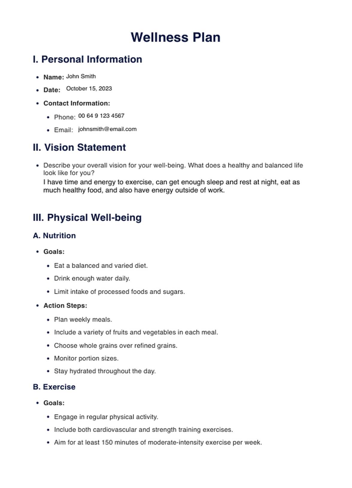 Wellness Plan PDF Example