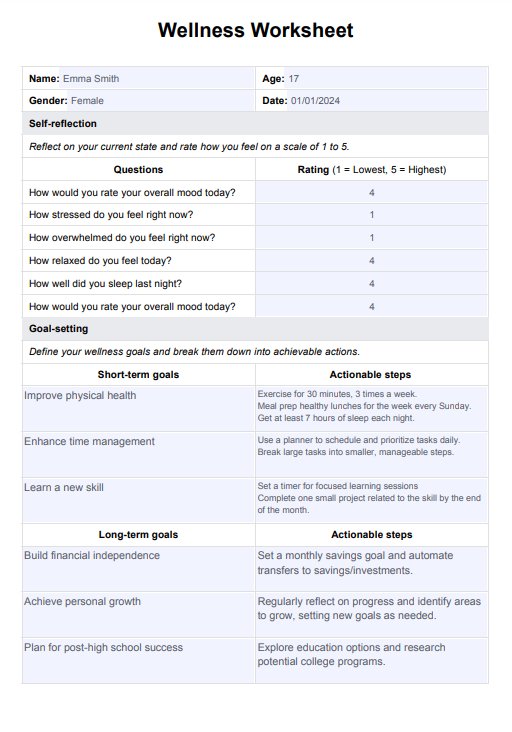 Wellness Worksheets PDF Example