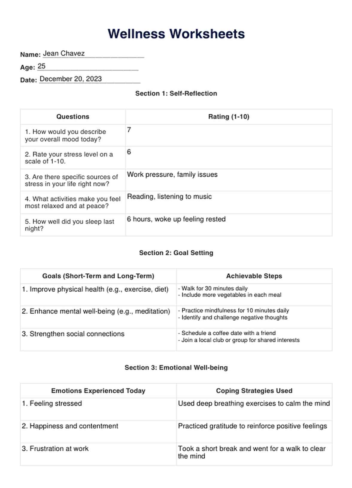 Wellness Worksheets PDF Example