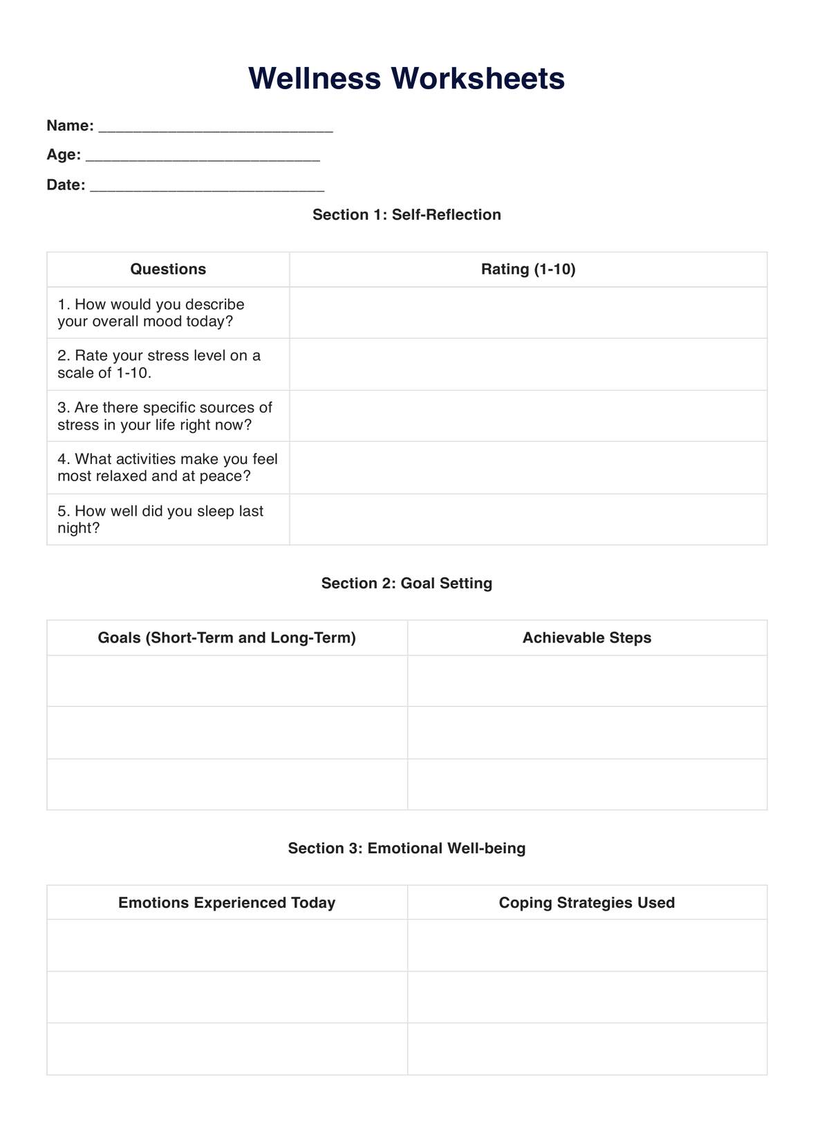 Wellness Worksheets PDF Example