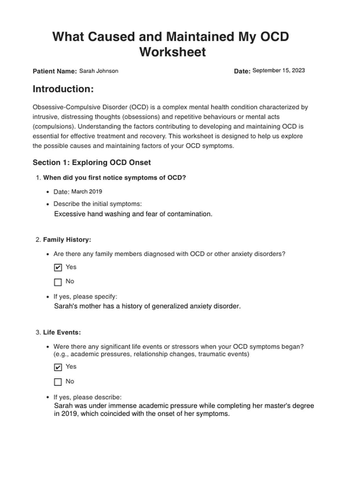 What Caused and Maintains My OCD Worksheet PDF Example