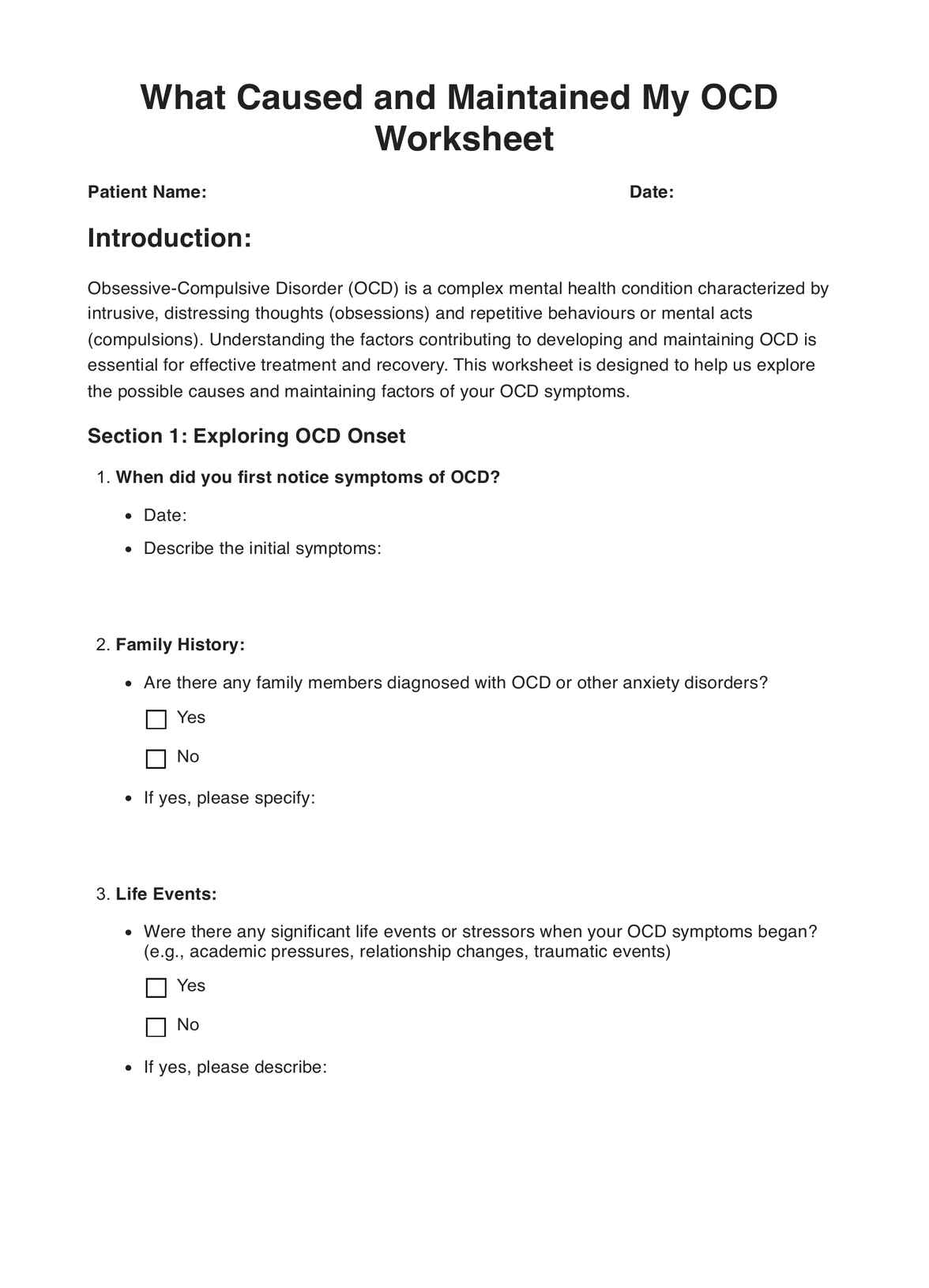 What Caused and Maintains My OCD Worksheet PDF Example