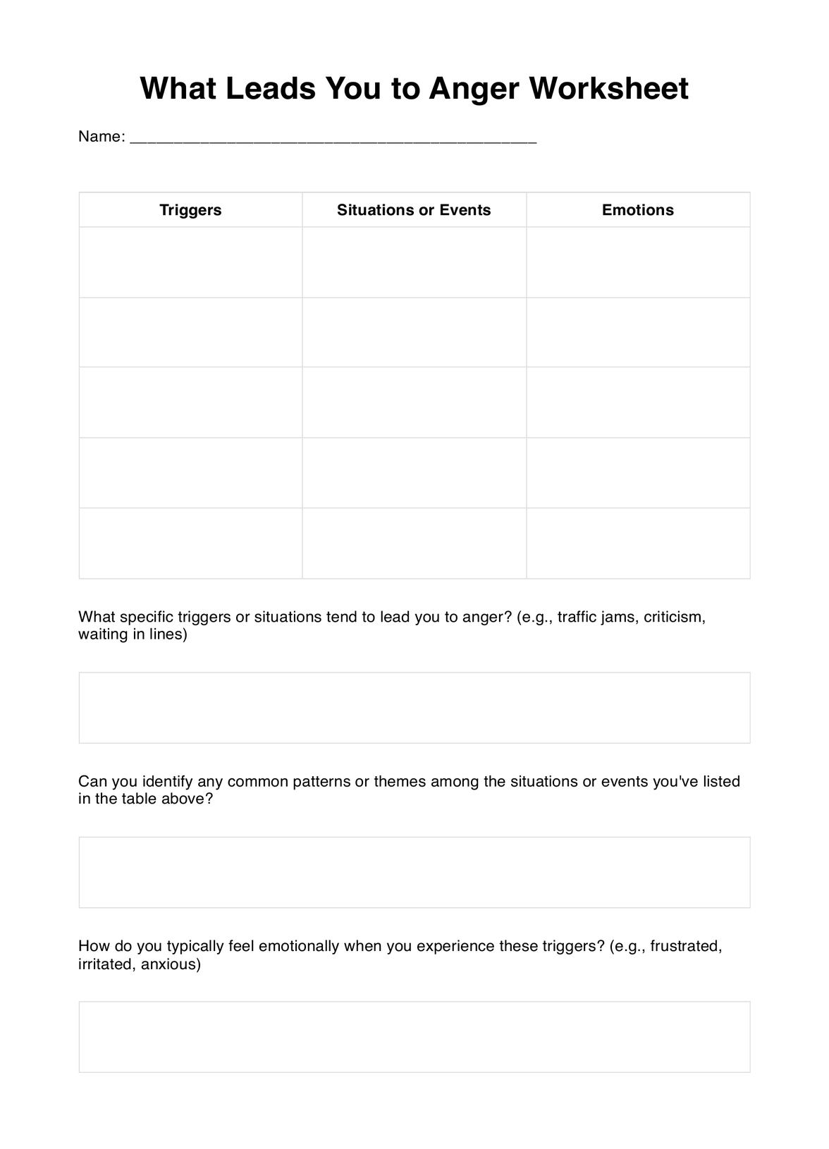 What Leads You to Anger Worksheet PDF Example