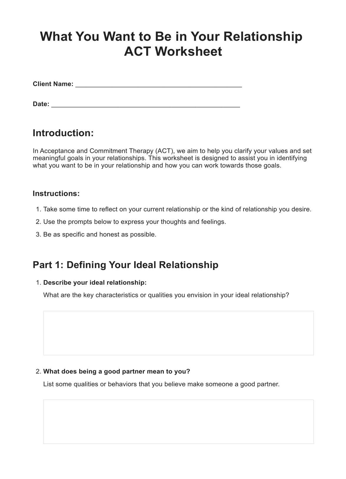 What You Want to Be in Your Relationship ACT Worksheet PDF Example