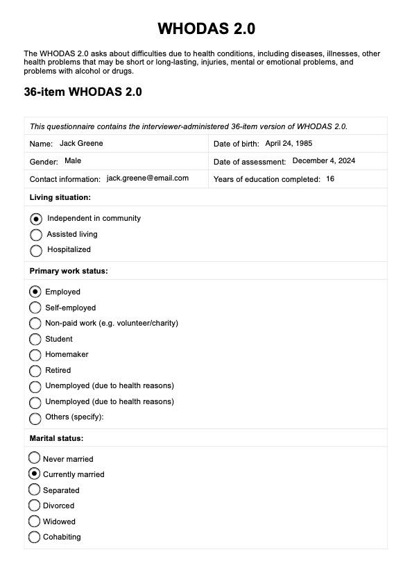 World Health Organization Disability Assessment Schedule (WHODAS 2.0) - 12-item Version PDF Example