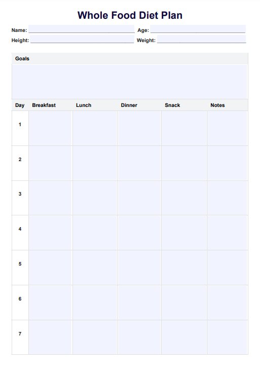 Plan de dieta con alimentos integrales PDF Example