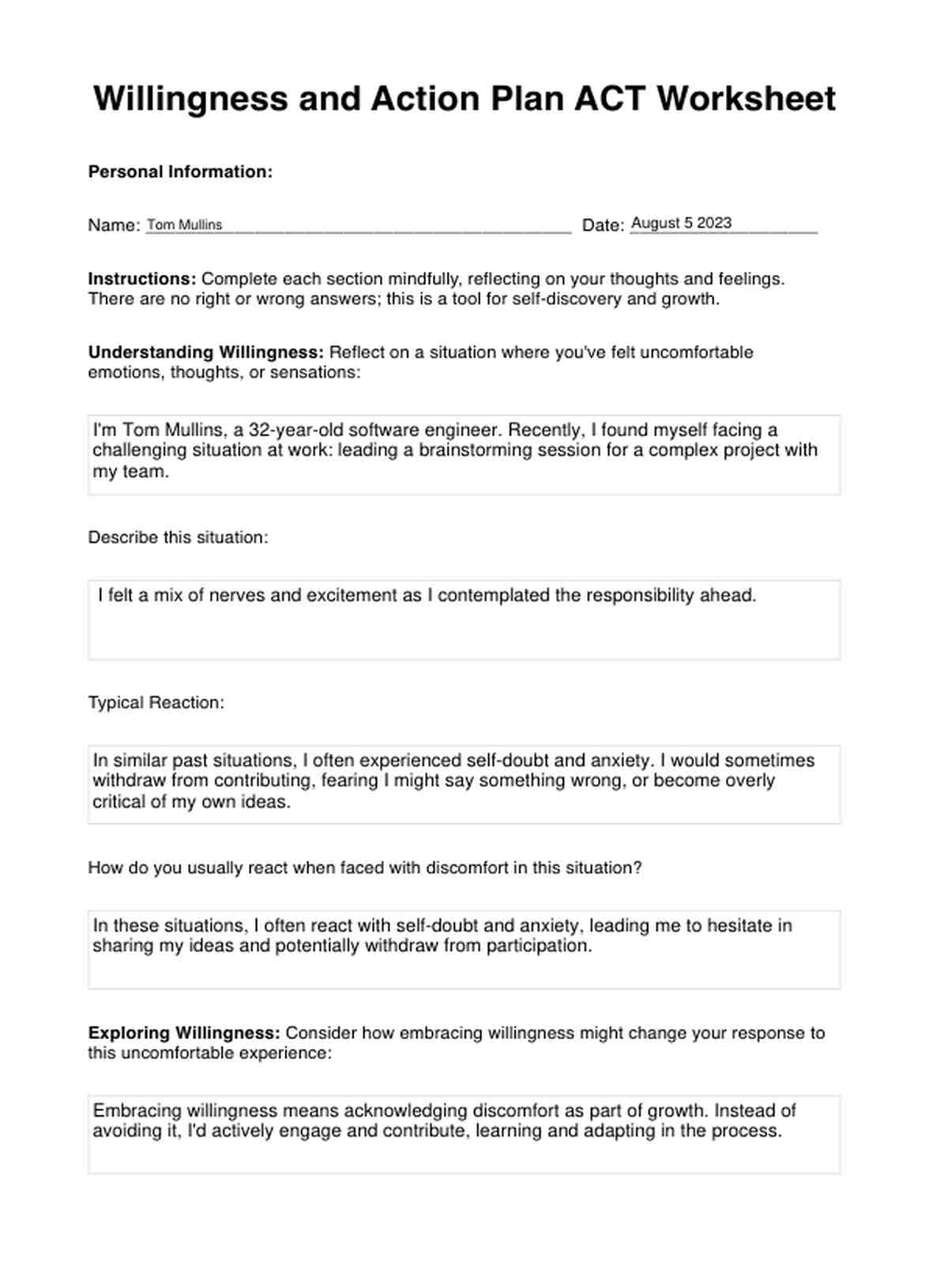 Willingness and Action Plan ACT Worksheet PDF Example