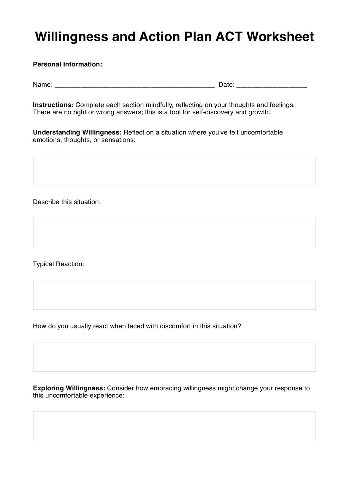 Willingness and Action Plan ACT Worksheet PDF Example