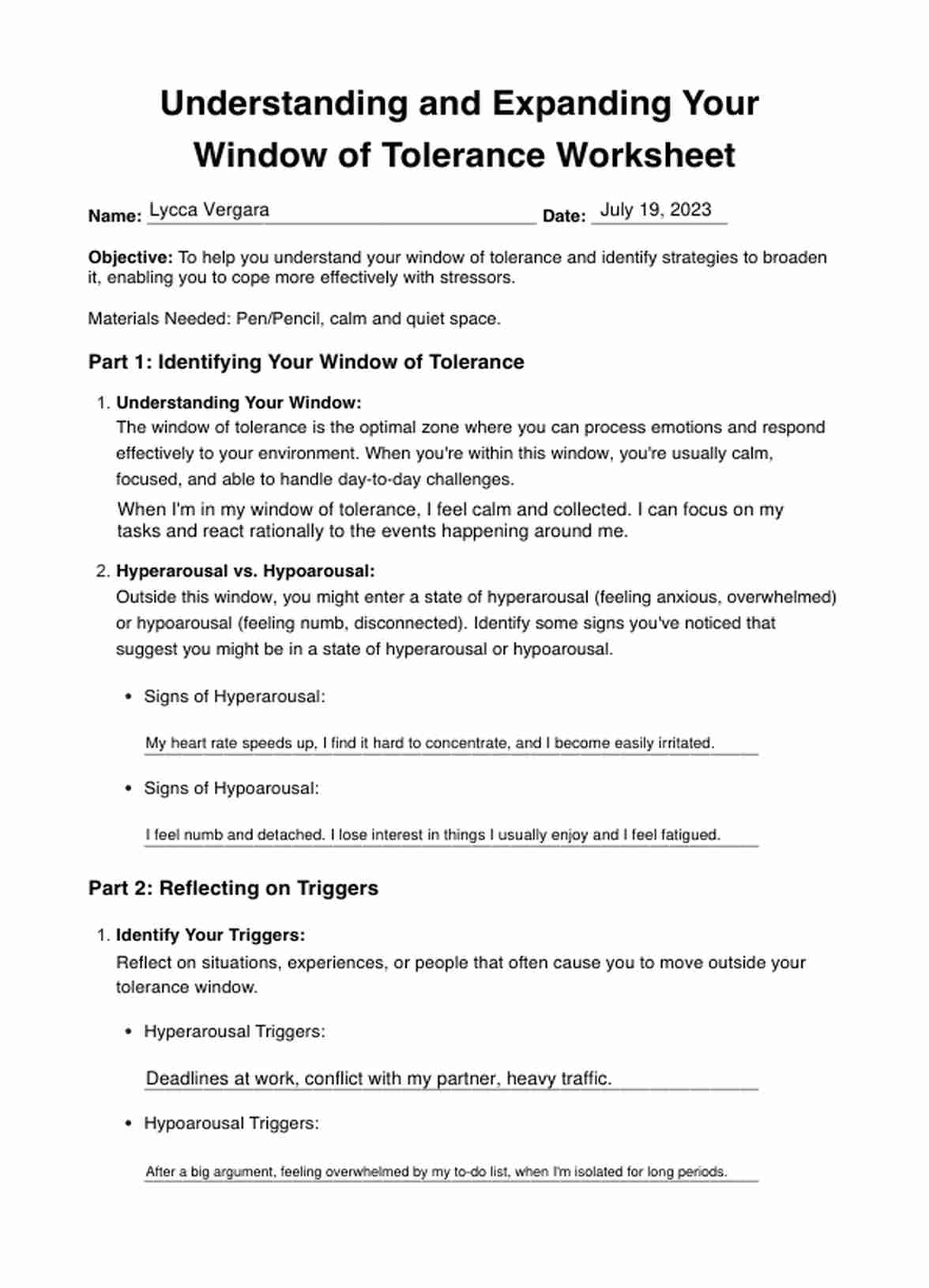 Window Of Tolerance Worksheet PDF Example
