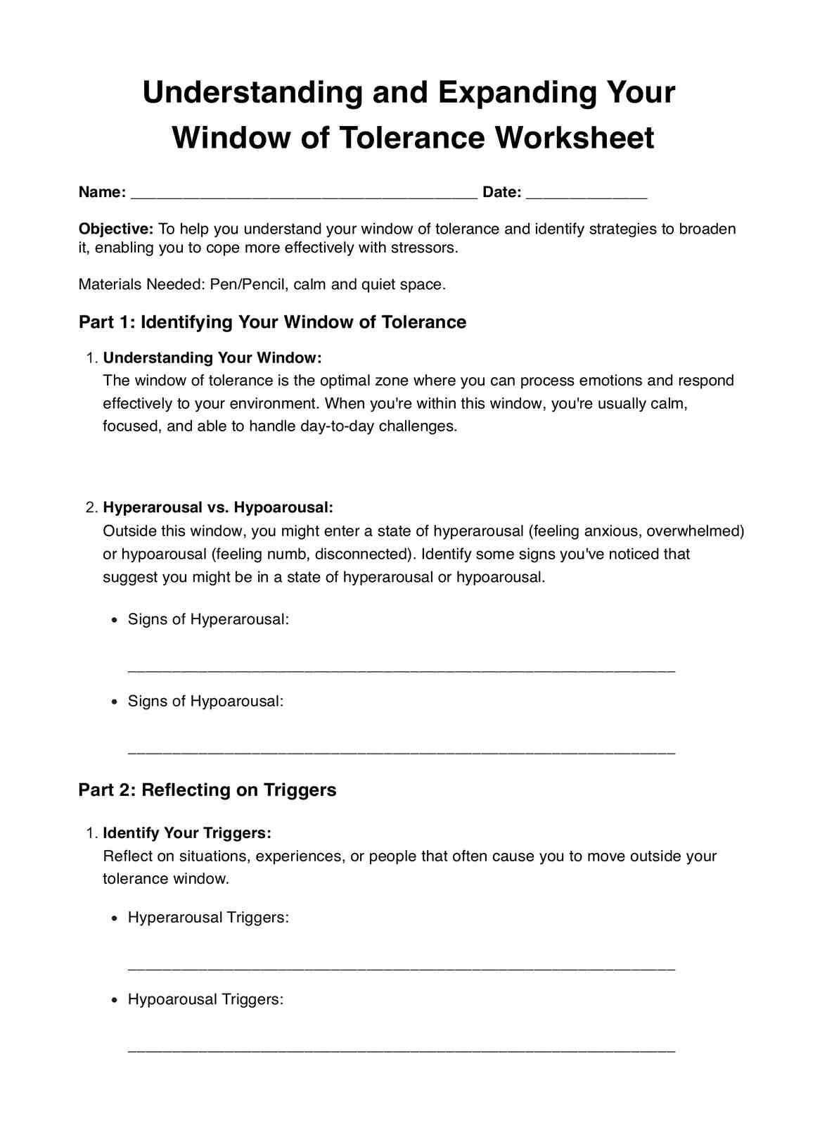 Window Of Tolerance Worksheet PDF Example