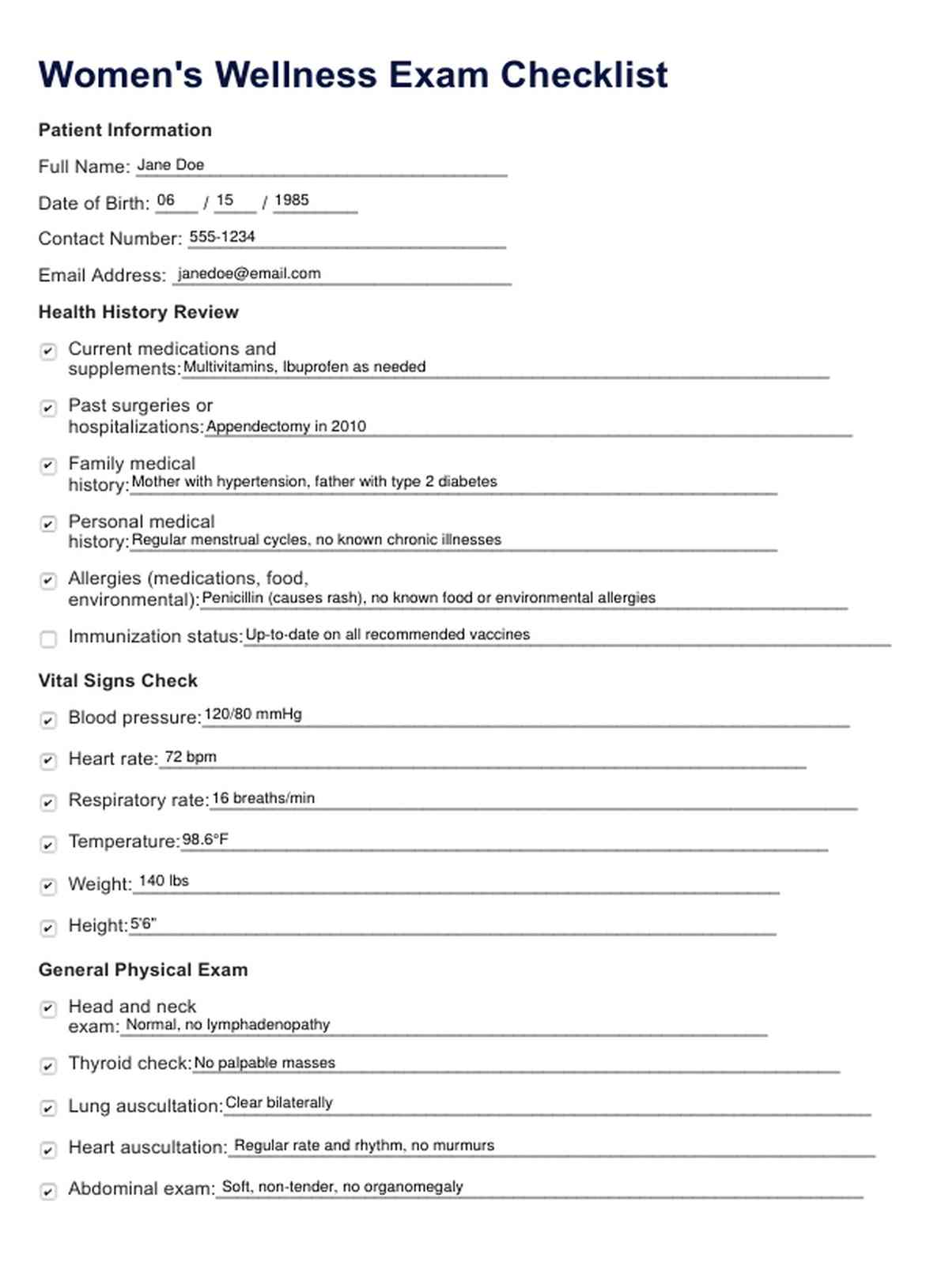 Women's Wellness Exam Checklist & Example | Free PDF Download