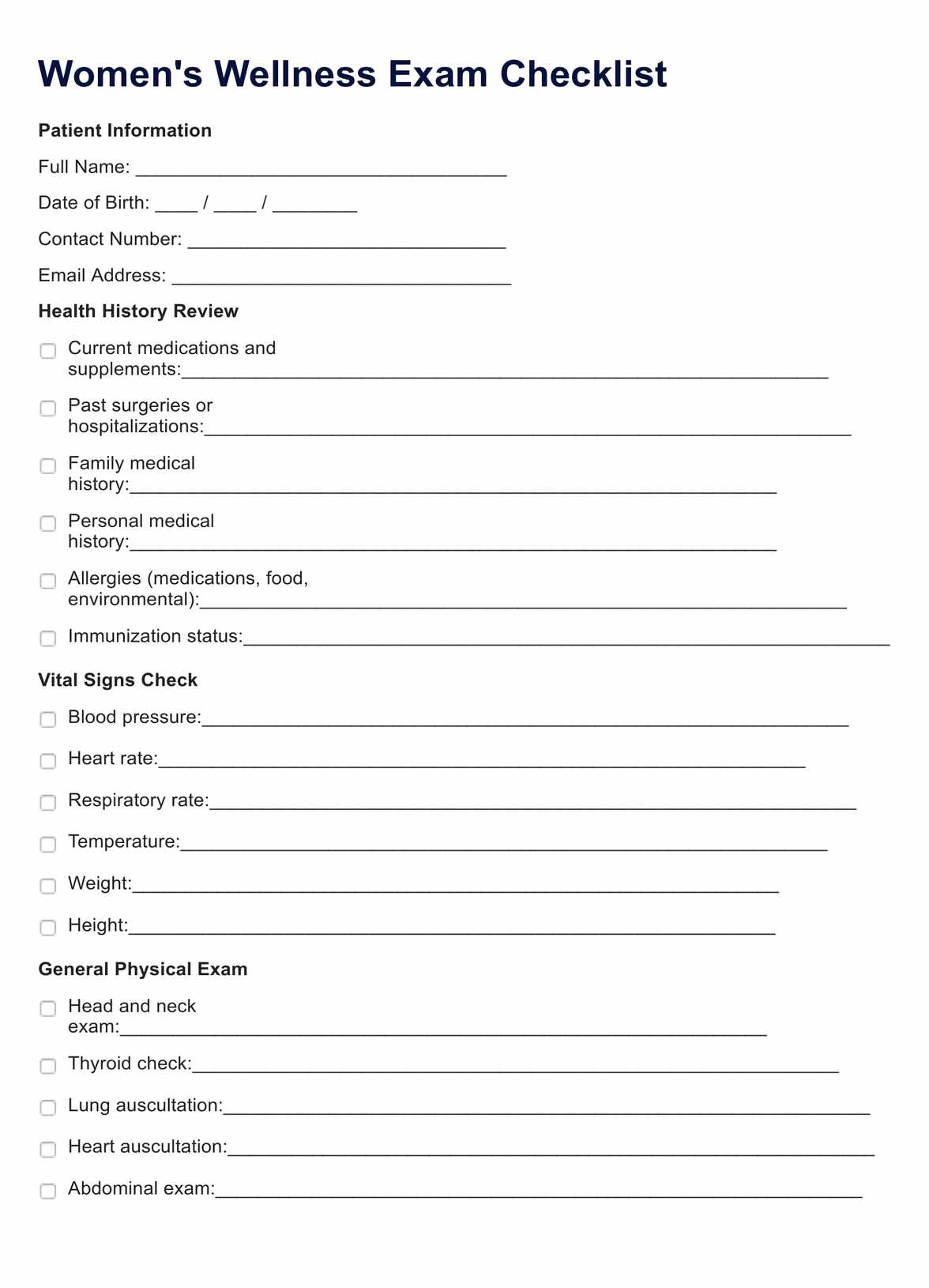 Women's Wellness Exam Checklist PDF Example