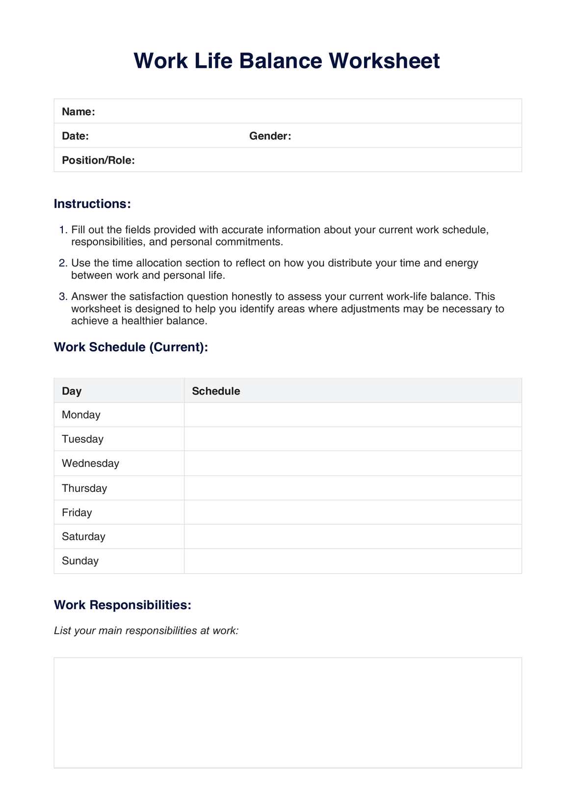 Work-Life Balance Worksheet PDF Example