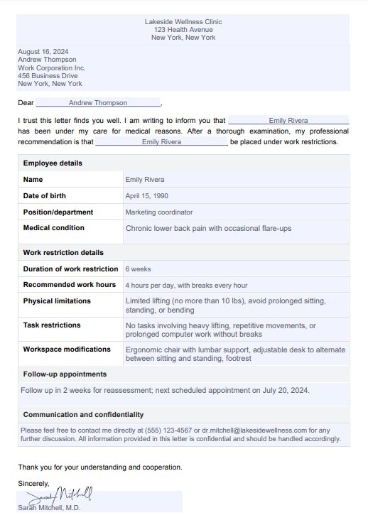 Työrajoituskirje lääkäriltä PDF Example