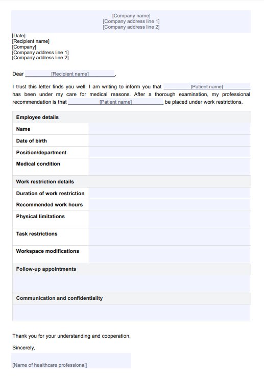 Carta de restrição de trabalho do médico PDF Example