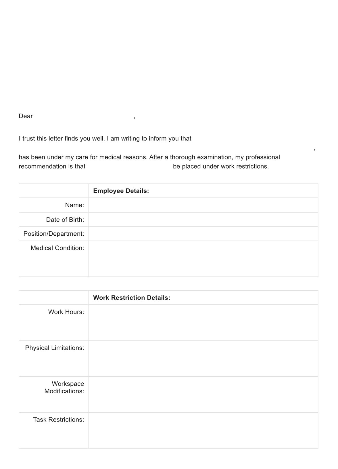Work Restriction Letter From Doctor PDF Example