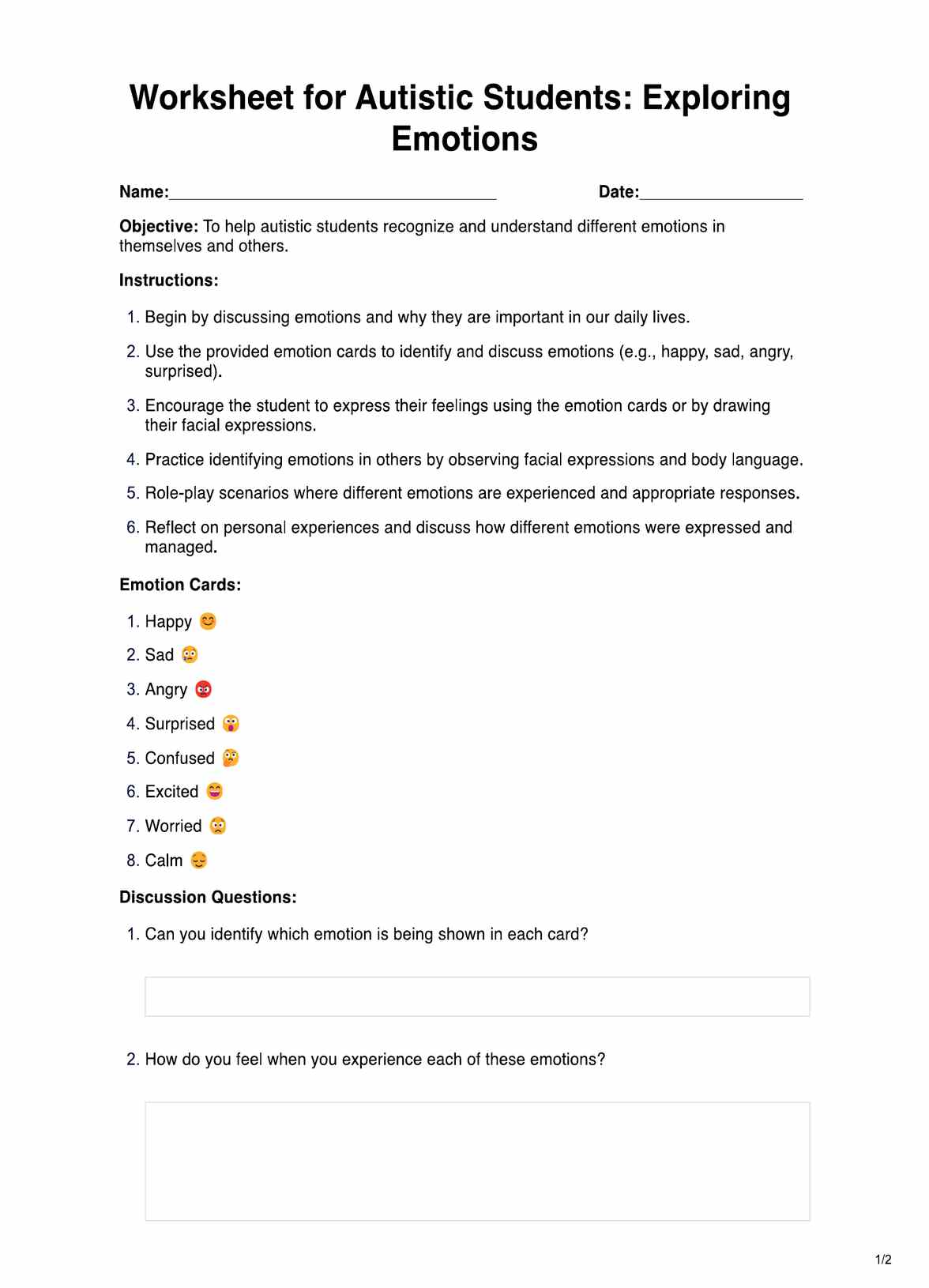 Worksheets for Autistic Students PDF Example