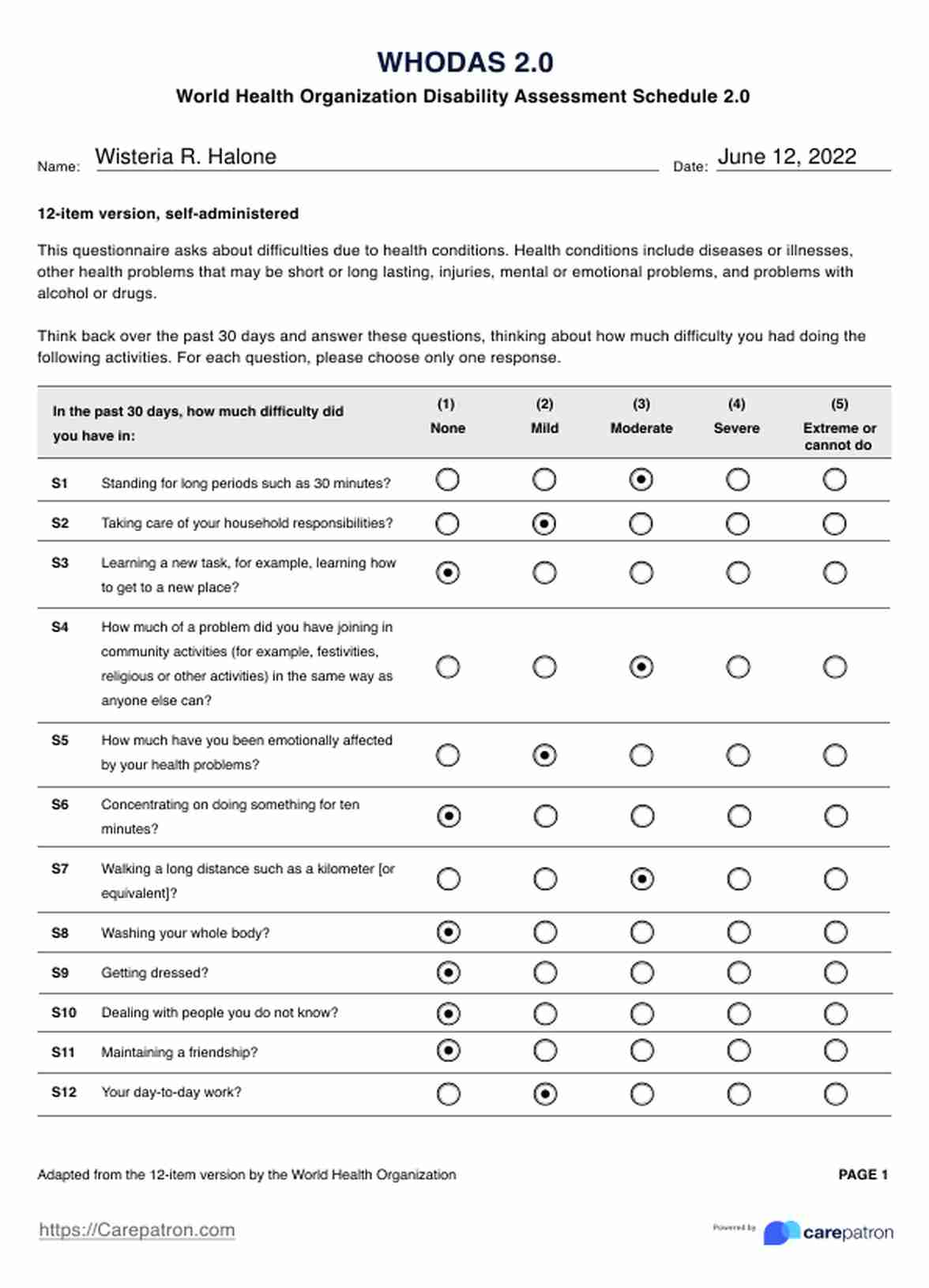 WHODAS 2.0 Cuestionario para la evaluación de la discapacidad de la OMS PDF Example