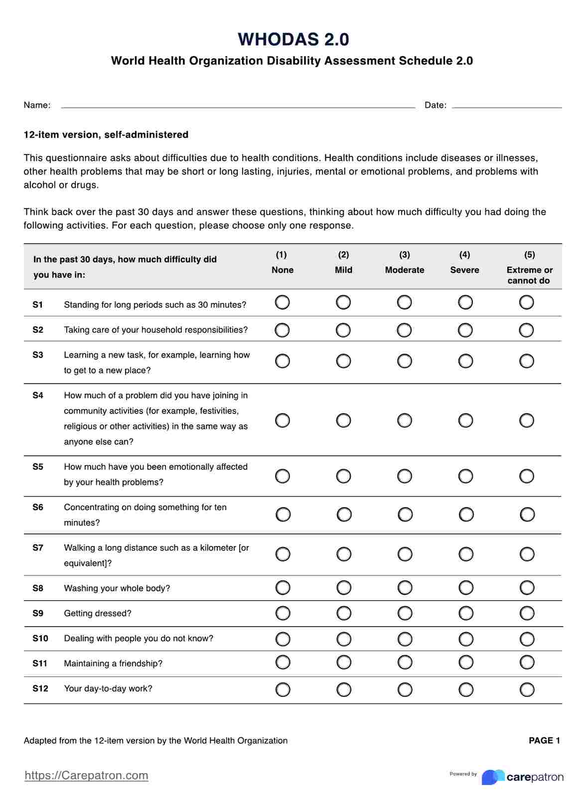 World Health Organization Disability Assessment Schedule (WHODAS 2.0) - 12-item Version PDF Example