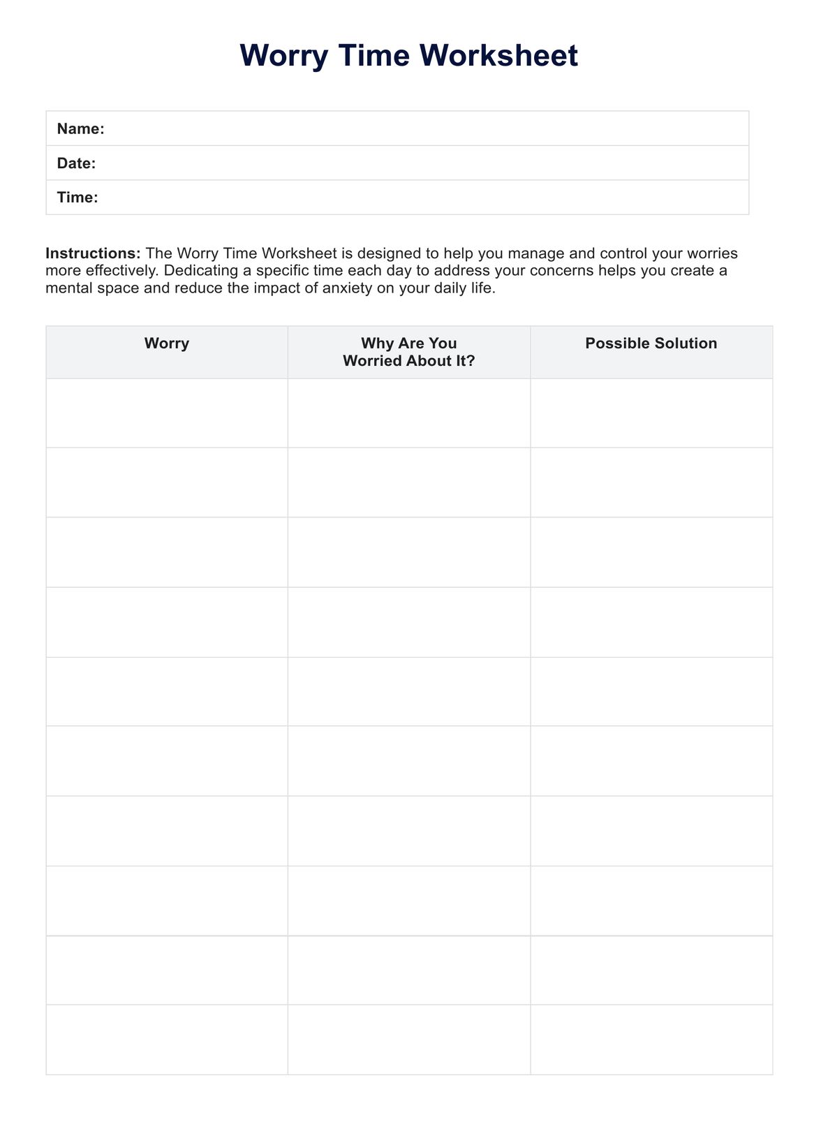 Worry Time Worksheet PDF Example