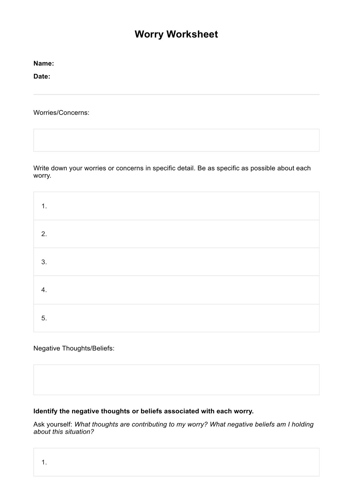 Worry Worksheets PDF Example