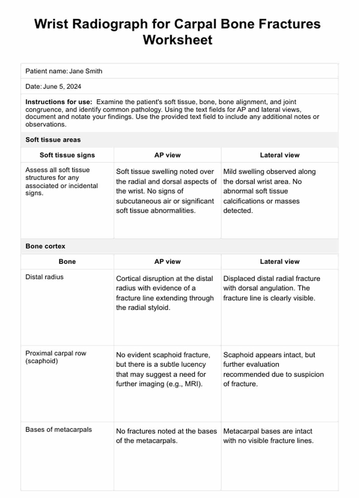 Hoja de trabajo de radiografía de muñeca para fracturas del hueso carpiano PDF Example