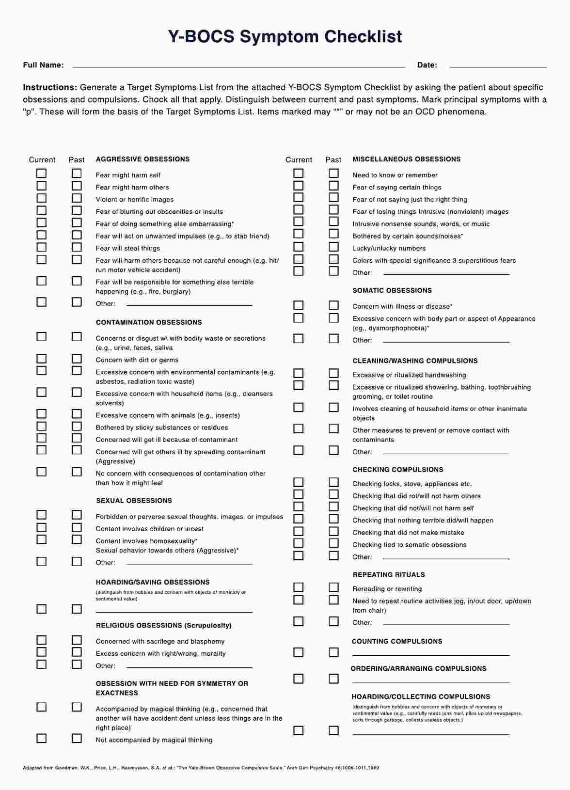 Y-BOCS Symptom Checklist PDF Example