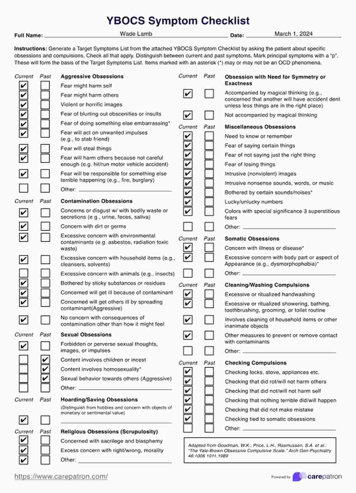 Lista de verificación de Síntoma YBOCS (Escala Yale-Brown para el Trastorno Obsesivo-Compulsivo) PDF Example