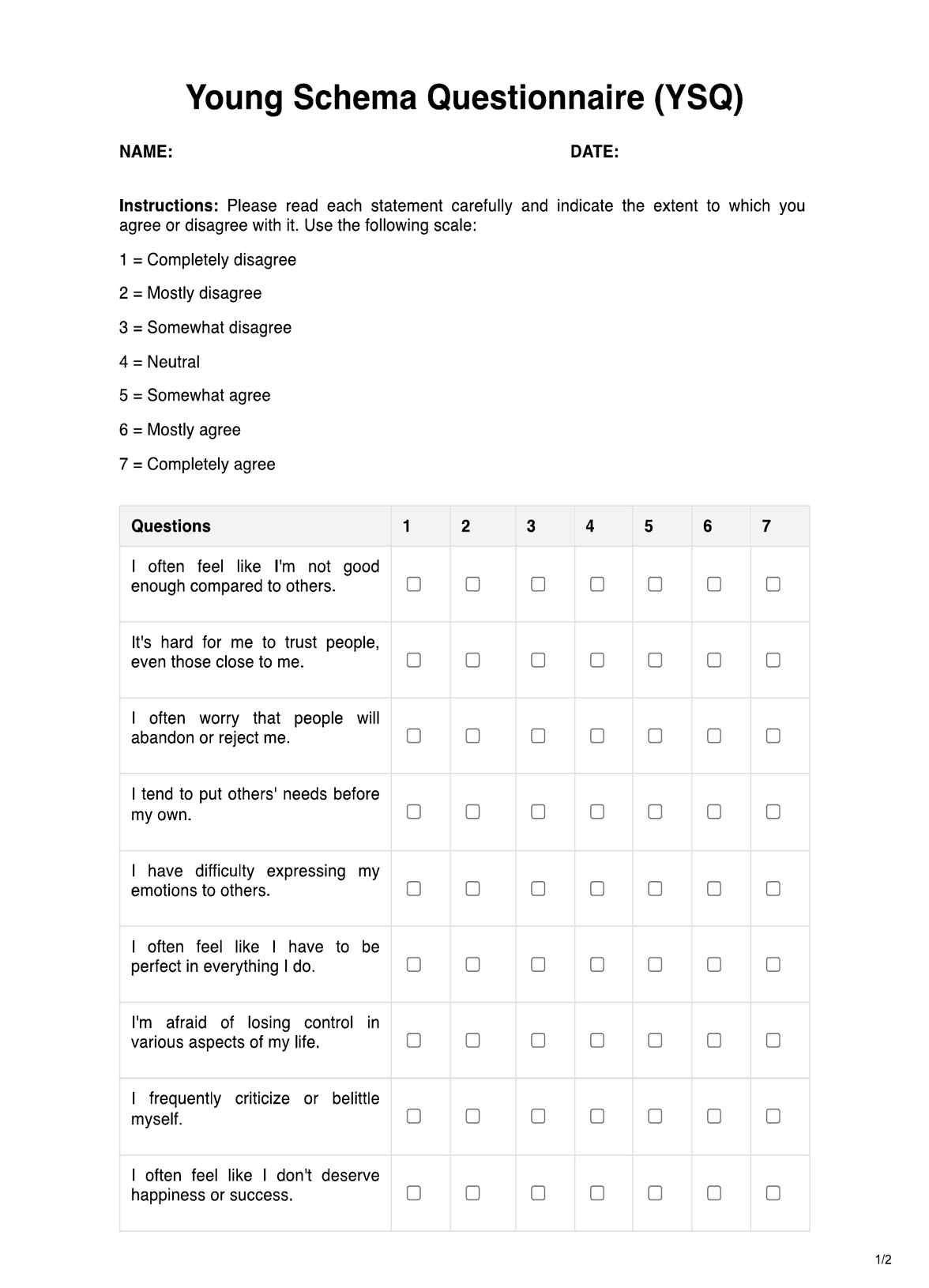 Young Schema Questionnaire PDF Example