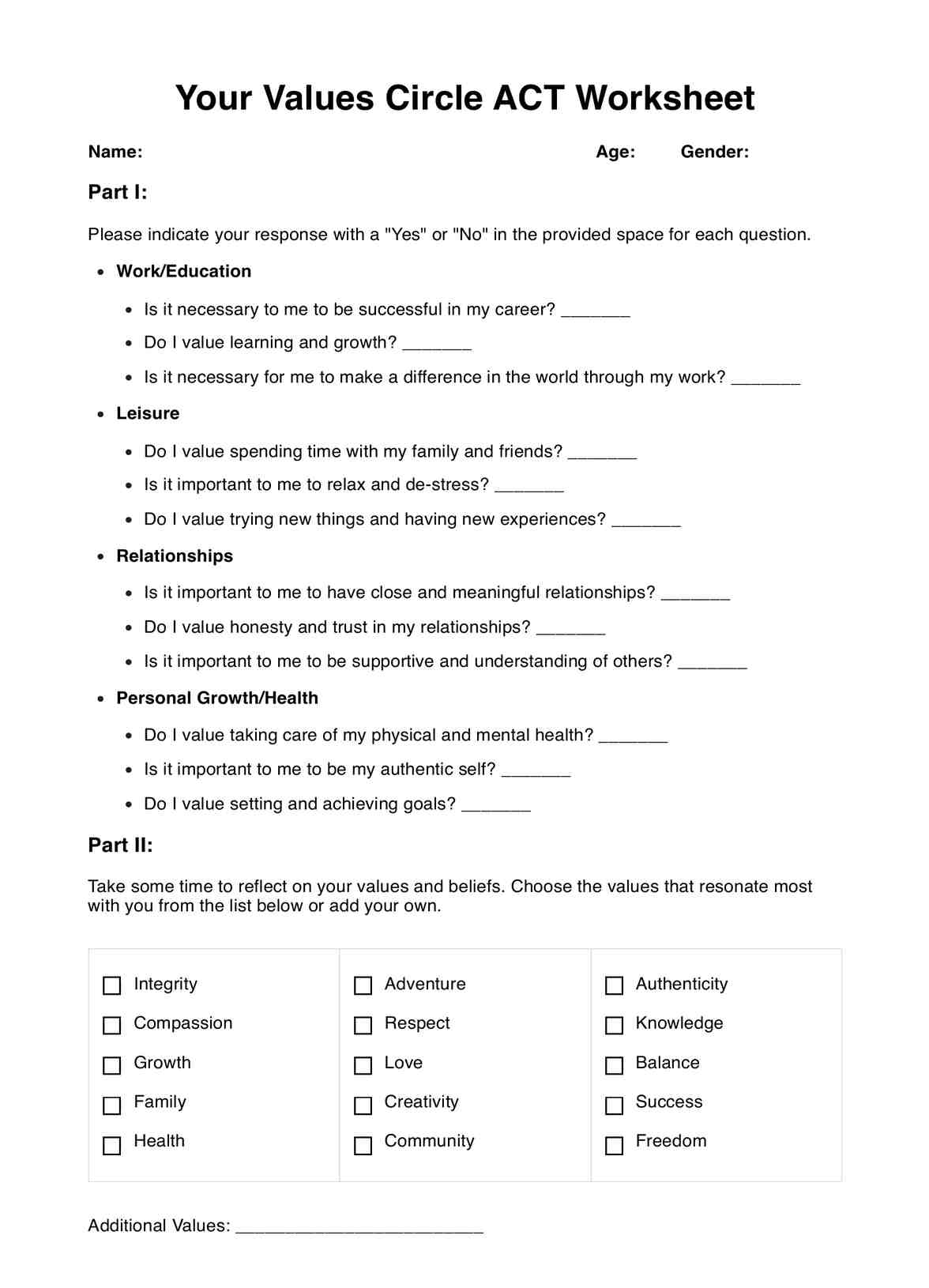 Your Values Circle ACT Worksheet PDF Example