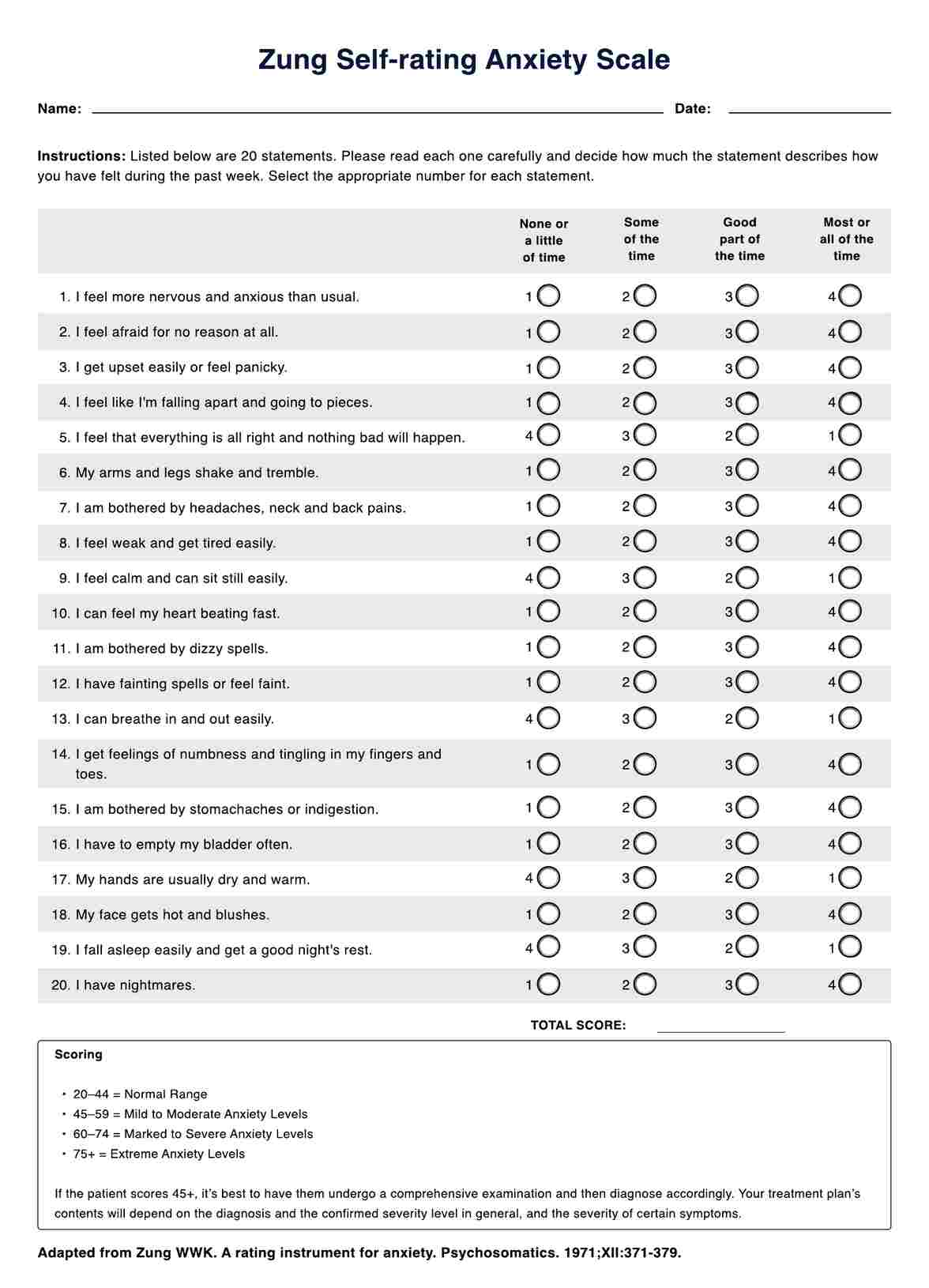 Zung Self-rating Anxiety Scale PDF Example