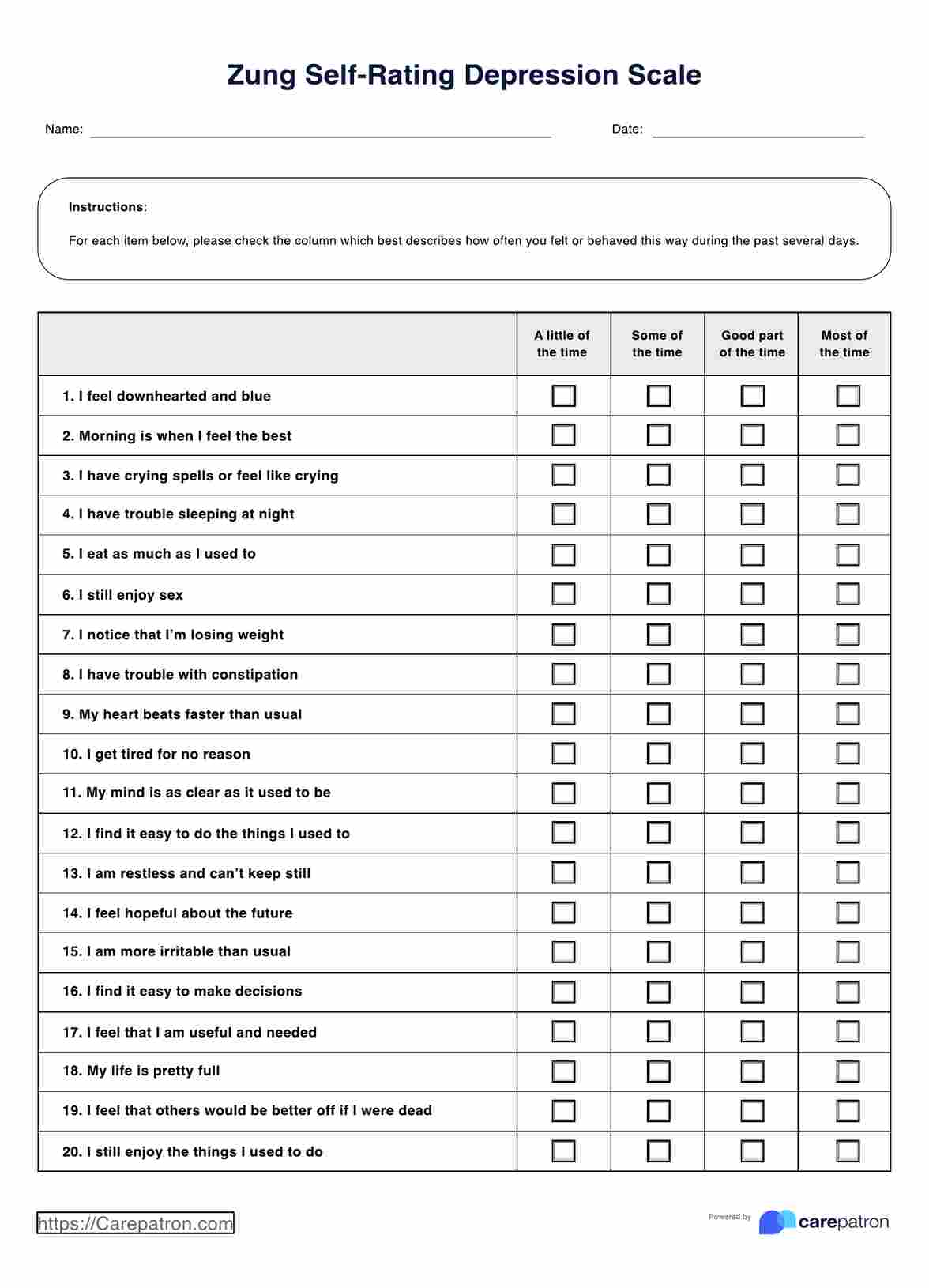 Zung Self-Rating Depression Scale PDF Example